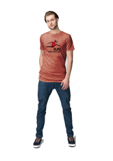 Men's maroon activewear tshirt with 'Run for Your Life' graphic, paired with casual jeans, ideal for workouts or casual wear.
